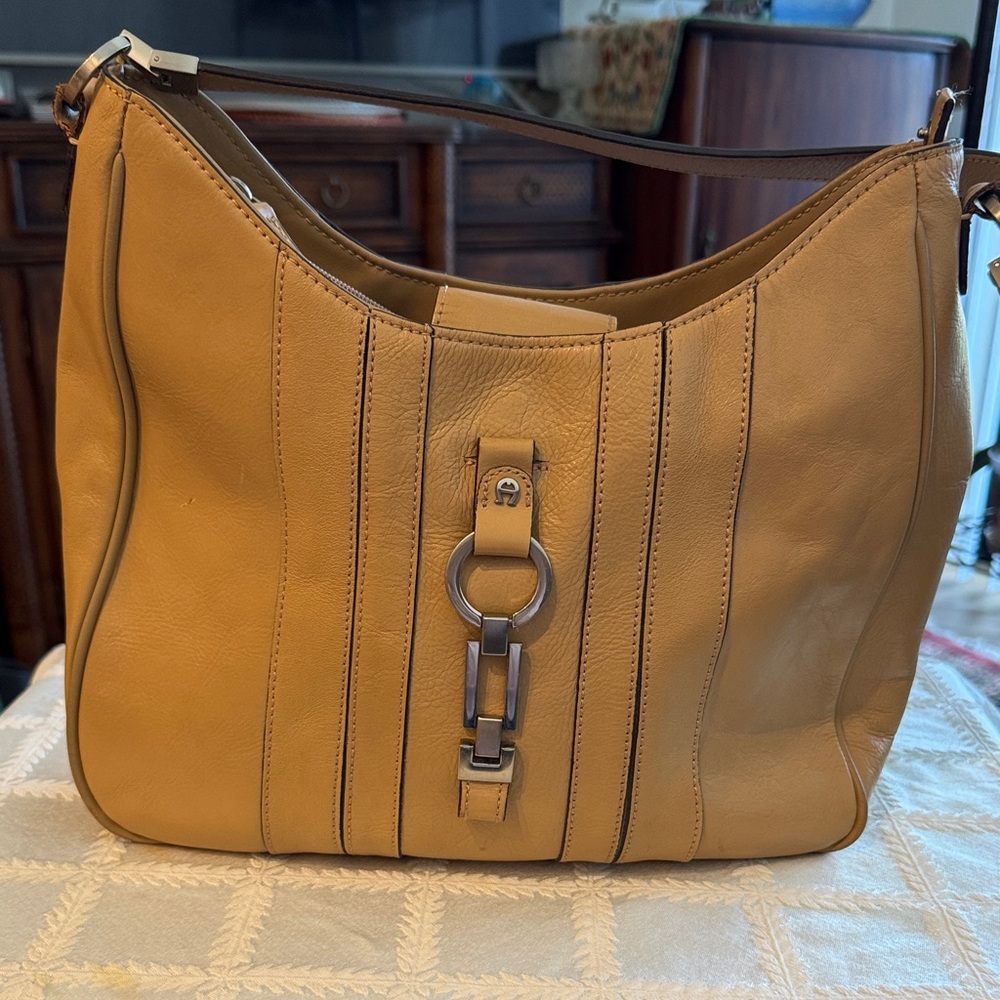 Mustard Leather Hobo Bag with Silver Hardware